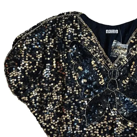 Vintage Women’s Sz S NWT Black Gold Sequin Butterfly Top 70s Deadstock Silk Boho